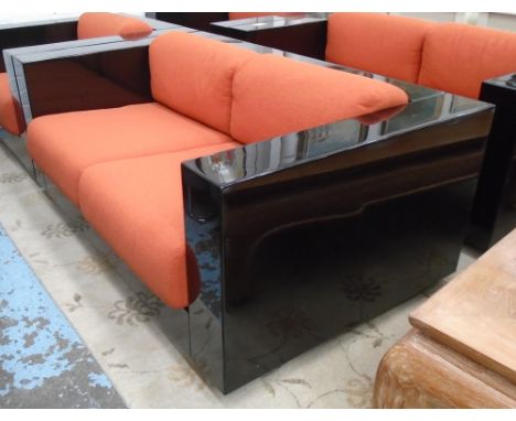 SOFA,in the post modern taste, in black lacquer, with orange upholstery, 62cm x 151cm x 92cm. (to match previous lot) (with f