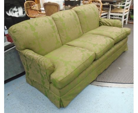 SOFA, green Damask triple hump, Howard style, 98cm D x 89cm H x 198cm W. (with faults)