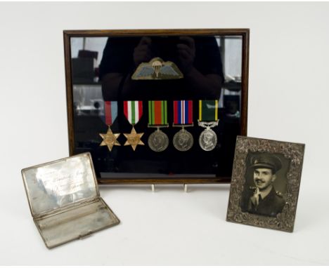 MILITARY MEDALS, group of five WWII plus a British Airborne paratrooper patch badge, framed and glazed by Spink, plus framed 