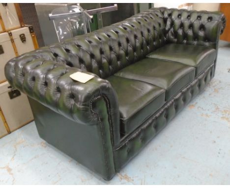 CHESTERFIELD SOFA, green, buttoned leather, 83cm D x 77cm H x 192cm W.
