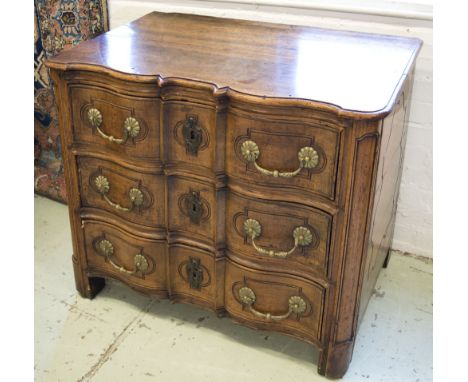 COMMODE, Louis XV walnut, circa 1760, of arc-en-arbalète outline with three drawers, 81cm H x 102cm x 62cm. (with faults)
