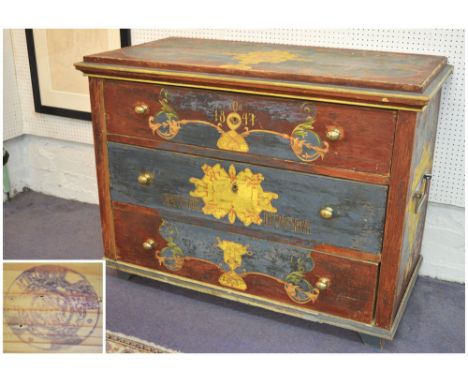 COMMODE, 19th century Russian painted with foliate decoration and three long drawers below, bears date 1847 to front and Russ