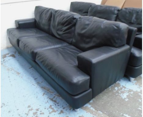 MOROSO SOFA, three seater, in black leather, on chrome supports, 82cm x 240cm x 88cm. (with slight faults)