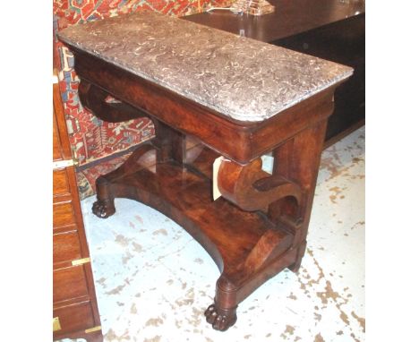 CONSOLE TABLE, 19th century French Louis Philippe flame mahogany with St Anne's marble top, frieze drawer and mirror back wit