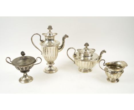 SILVER TEA SERVICE, German 800 standard, comprising tea pot, hot water jug, sucrier and milk jug, with dragon spouts, part fl