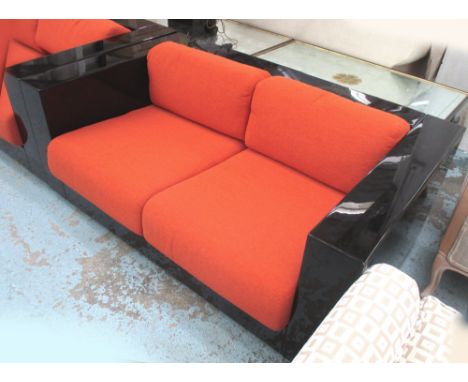 SOFA, in the post modern taste, black lacquer with orange upholstery, 62cm x 151cm x 92cm. (to match next lot) (with faults)