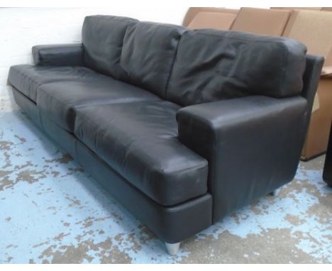 MOROSO SOFA, three seater, in black leather, on chrome supports, 82cm x 240cm x 88cm. (with slight faults)