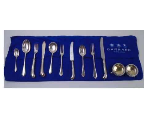 SILVER SUITE OF CUTLERY, 8 place setting, makers Garrard & Co. Ltd., London, 1977 & 1997, plus a pair of Victorian silver sal