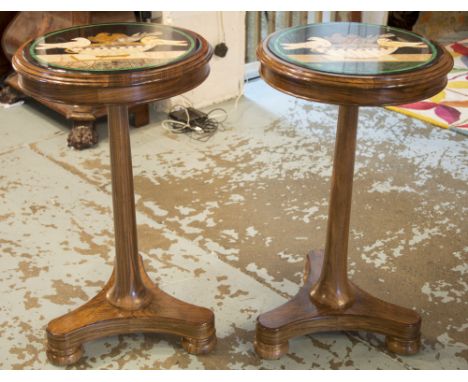 LAMP TABLES, a pair, William IV style walnut circular, each with Pietra Dura tops, by John Case Ludlow, 71cm H x 41cm D. (2)