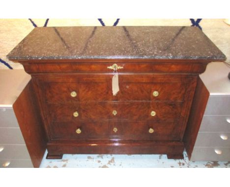 COMMODE, 19th century French Louis Philippe figured walnut with five long drawers and St Anne's grey marble top, 124cm W x 53