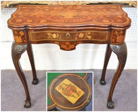 CARD TABLE, mid 18th century Dutch mahogany with profuse floral and foliate marquetry with a frieze drawer on carved cabriole