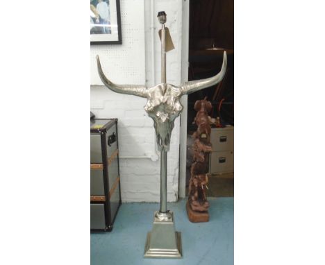 STANDARD LAMP, in the form of a bull's skull in chromed metal finish, 151cm H.