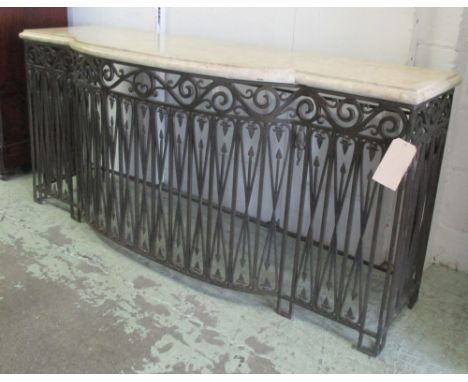 CONSOLE TABLE, Classical wrought iron bow-front centred with scroll frieze and arrow motif, travertine veneered top, 185cm x 