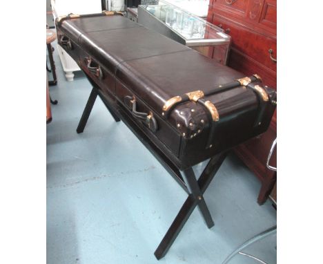 CONSOLE TABLE, in dark leather finish, three drawers below on 'x' framed support, Ralph Lauren style, 139cm x 47cm x 91cm H.