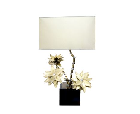 LAMP, 1960's French, having three metal worked flowers and soldered joined branches with square shade and base, 90cm H x 50cm