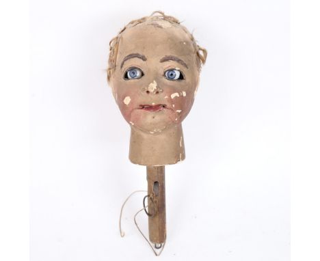 An Antique painted papier mache ventriloquist puppet head, with moving mouth and eyes, head height 20cm 