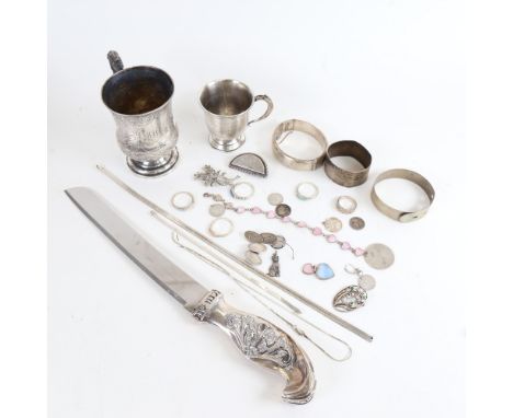 Various silver, including thistle christening mug, napkin ring, hinged bangle, cufflinks etc, 11.6oz weighable 