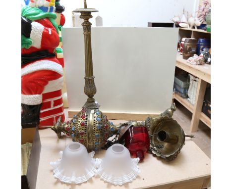 A pair of Continental brass pricket candlesticks, 70cm, and a Moroccan style hanging lantern 