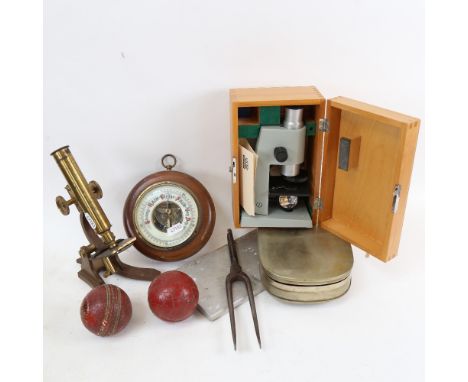 A Vintage brass student's microscope and another, cricket balls etc 