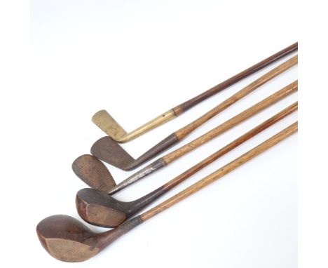 5 Vintage wood-shafted golf clubs, including 2 drivers, 2 putters, and 1 iron (5) 
