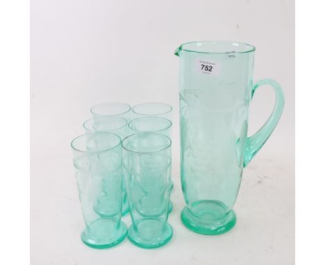 Vintage engraved green glass water set, with grapevine design, jug height 31cm 
