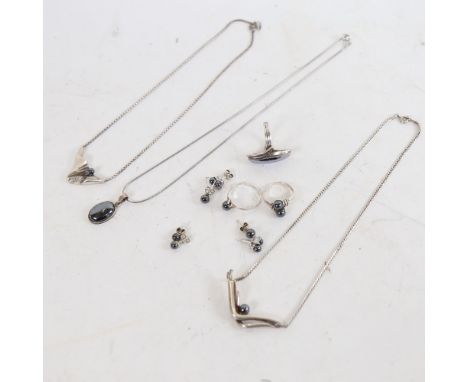 Various Vintage Danish stylised silver and hematite jewellery, makers included Hermann Siersbol 