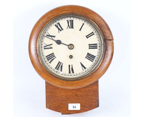 An early 20th century oak-cased drop-dial 30-hour wall clock, Roman numeral hour markers, dial diameter 20cm, with pendulum 