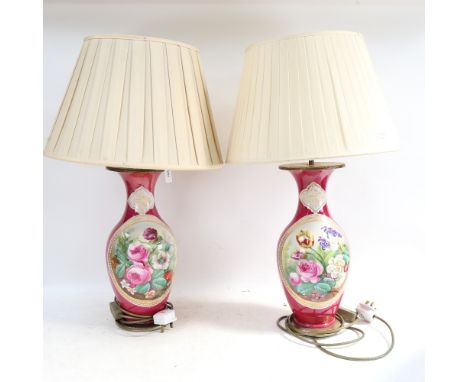 A pair of Vintage Continental porcelain table lamps, on metal plinths, with painted floral designs, height overall 63cm 