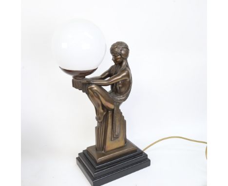 An Art Deco style bronzed resin figural dancer table lamp, with milk glass shade, height 46cm 