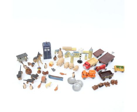 Various Vintage miniature toys, including Lesney vehicles, painted wood animals, Police box etc (boxful) 