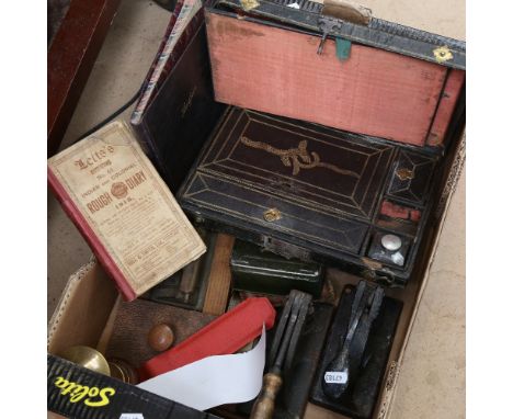 Vintage desk items, including writing box, address stamps, hole punch, blotter, and 2 money boxes 