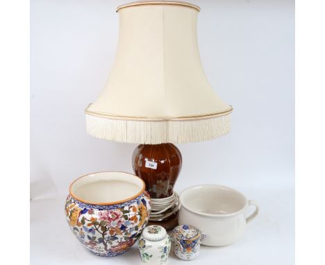 A large French Gien ceramic jardiniere, a French porcelain urn table lamp and shade, wash basin etc 