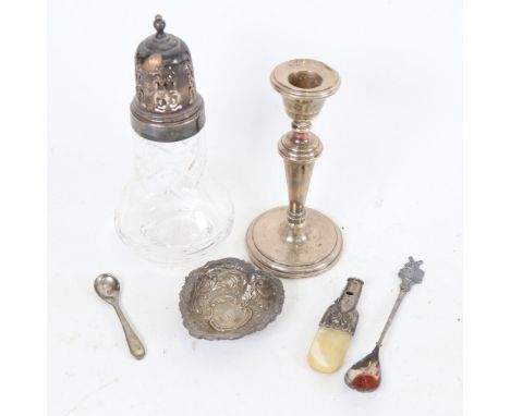 Various silver, including candlestick, pin dish, whistle, glass sugar caster etc 