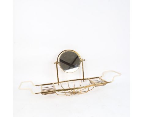 A Vintage brass bath caddy, with soap tray and swivel mirror, W70cm 