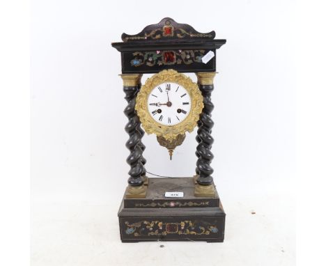 A 19th century French brass inlaid ebonised 4-pillar 8-day Portico mantel clock, height 45cm, with pendulum 