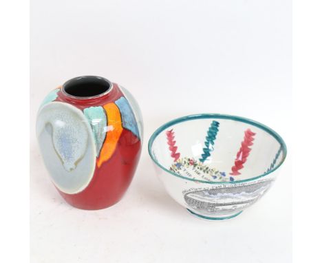 A Poole Pottery vase, 15cm, and a Victorian bowl, with River Wear bridge illustration verses 