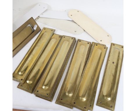 Vintage brass door finger plates, 30cm, ceramic plates, and box 