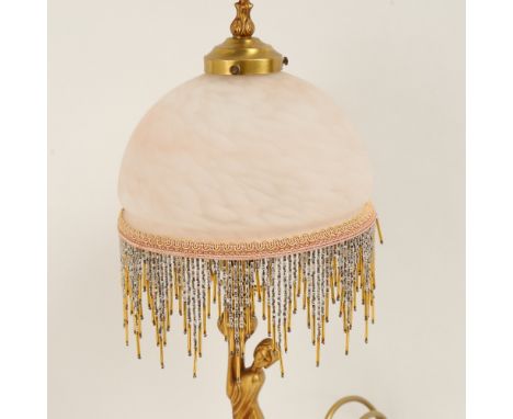 A Vintage gilt-brass figural table lamp, with pink mottled glass shade, height 50cm 