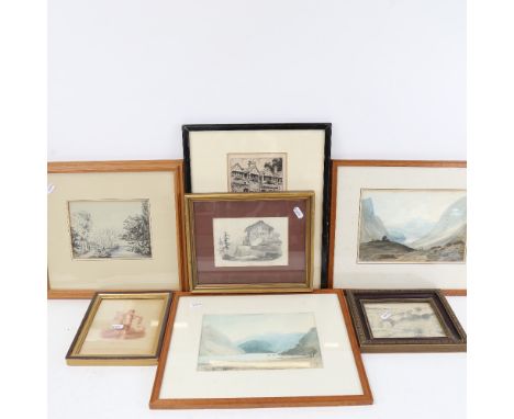J D Harding, pencil sketch, house by a stream, 2 Lake District watercolours etc (7) 