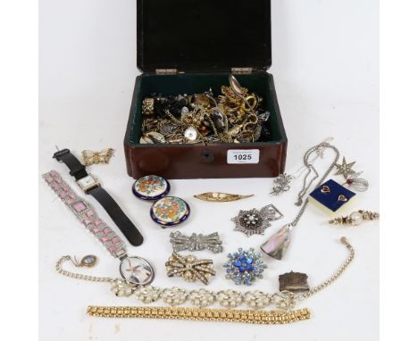 A Japanese Satsuma buckle, Vintage gilt-metal costume jewellery, wristwatches, marcasite brooches etc 