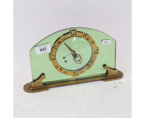 Art Deco mirrored glass mantel clock, with brass dial, height 16.5cm 