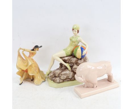 A Kevin Francis Beach Belle, 26cm, a Wade figure, and a ceramic bull (3) 