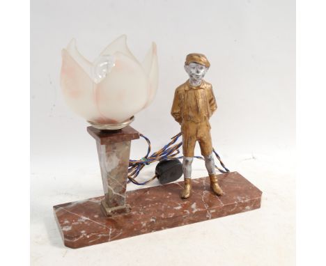 Art Deco lamp on marble stand with spelter boy figure, height 28cm 