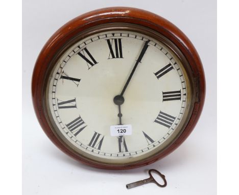 A Vintage mahogany circular dial wall clock, dial diameter 24cm, with pendulum and key 