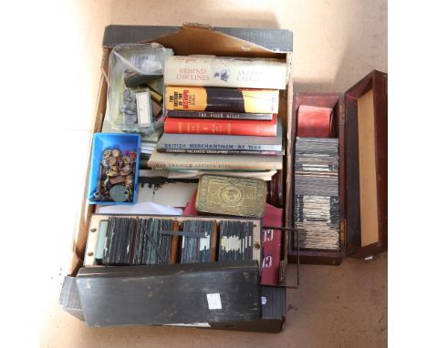 Various collectables, including magic lantern slides, Merry 1914 Christmas tin, military buttons, First World War Victory med