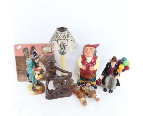 A Victorian hand painted glazed ceramic tile, 2 Royal Doulton figures, the Mask Seller, and the Balloon Man, silver plated ca