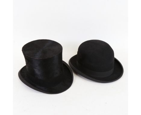 A Vintage black top hat, internal measurements 15.5cm x 19.5cm, and a bowler hat by Bennetts of London (2) 