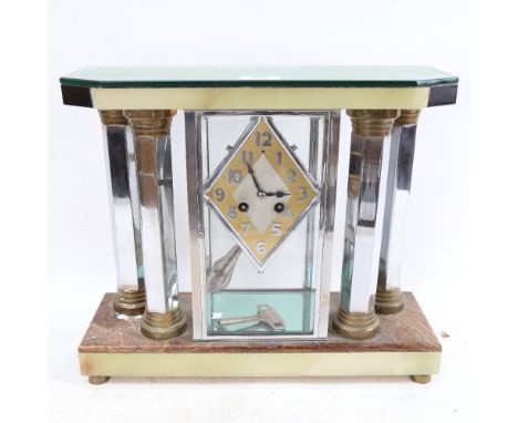 A Continental Art Deco mantel clock, with 4 chrome hexagonal pillars, on marble plinth, height 33.5cm 