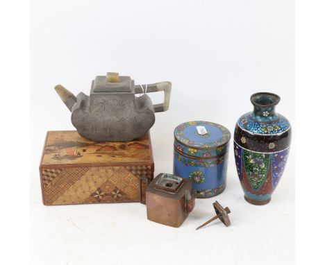 A cloisonne pot and cover, height 8cm, a vase, a Chinese pewter teapot, another, and a Japanese puzzle box 