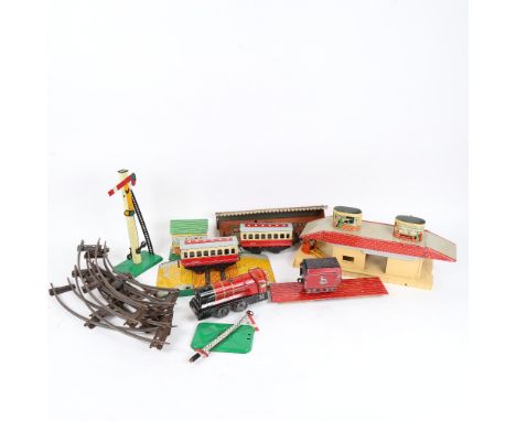 Various Vintage tinplate and other toys, including Hornby Dublo carriages and buildings (boxful) 